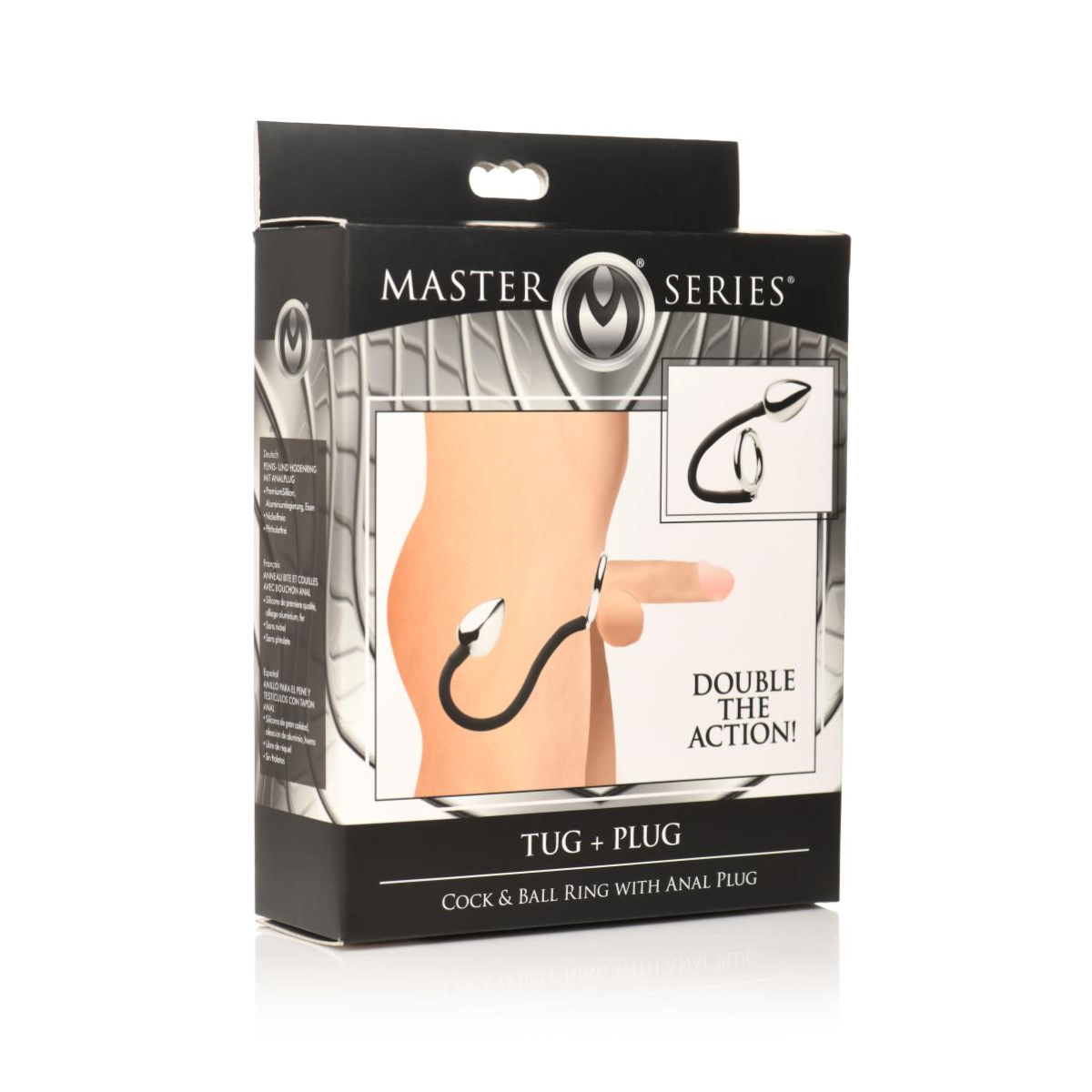 XR Brands - Tug + Plug Cock & Ball Ring with Anal Plug - Black & Silver