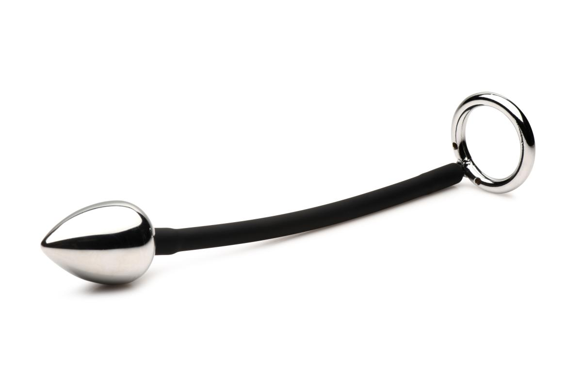 XR Brands - Tug + Plug Cock & Ball Ring with Anal Plug - Black & Silver