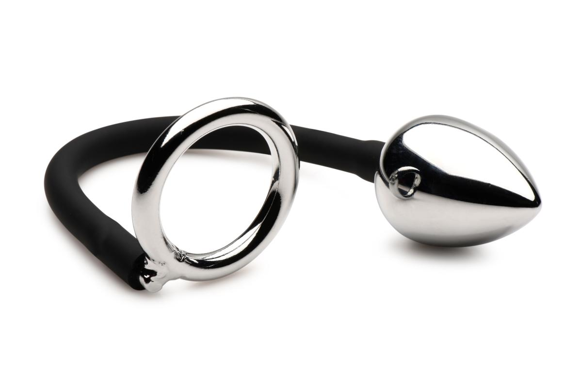 XR Brands - Tug + Plug Cock & Ball Ring with Anal Plug - Black & Silver
