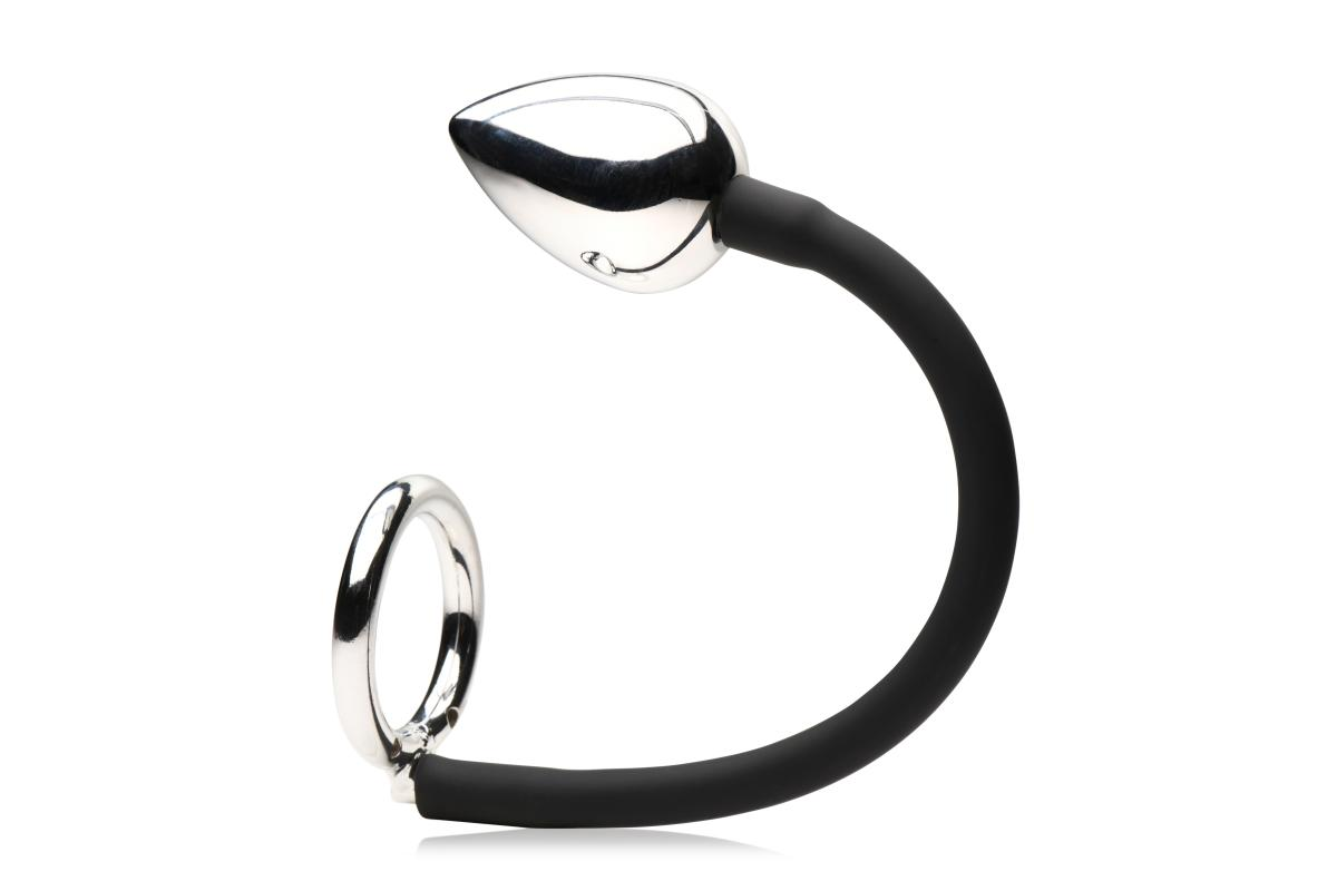 XR Brands - Tug + Plug Cock & Ball Ring with Anal Plug - Black & Silver